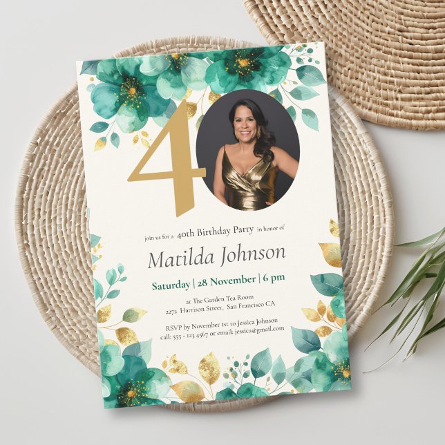 Convites Emerald Green e Dourada aniversário de 40 anos Flo (Emerald Green and Gold Floral 40th Birthday Invitation)