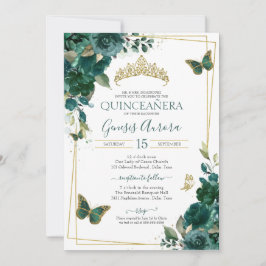 Convites Emerald Green e Dourada Borboleta Floral Quinceane
