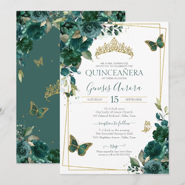 Convites Emerald Green e Dourada Borboleta Floral Quinceane (Frente/Verso)