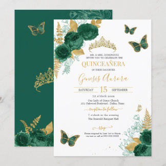 Convites Emerald Green e Dourada Borboleta Floral Quinceañe