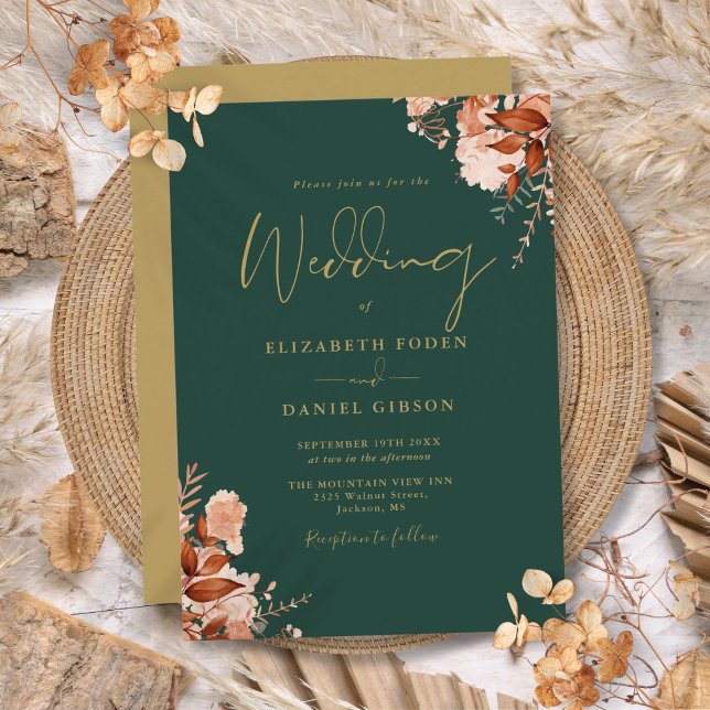 Convites Emerald Green E Dourada Casamento Floral Russo (Emerald Green And Gold Rustic Floral Wedding Invitation)