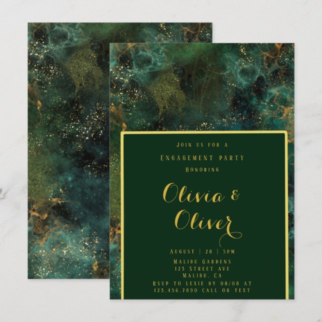 Convites Emerald Green e Dourada Festa de noivado brilhante (Frente/Verso)
