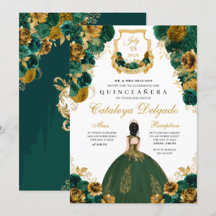 Convites Emerald Green e Dourada Quinceañera Floral