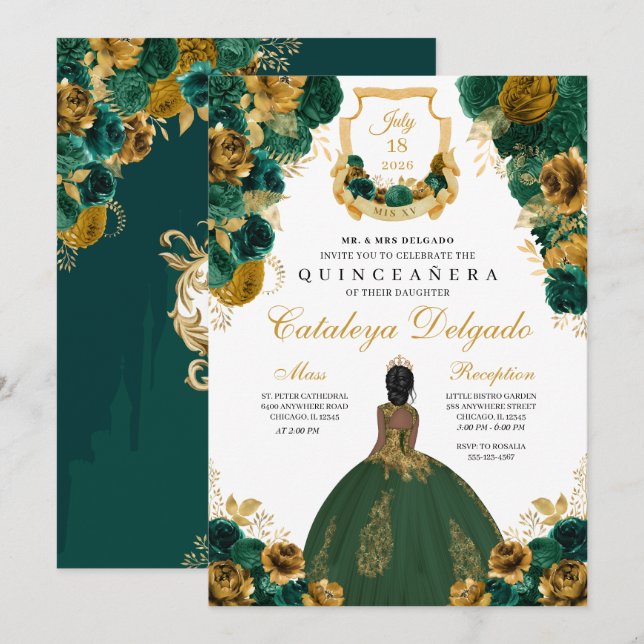Convites Emerald Green e Dourada Quinceañera Floral (Frente/Verso)