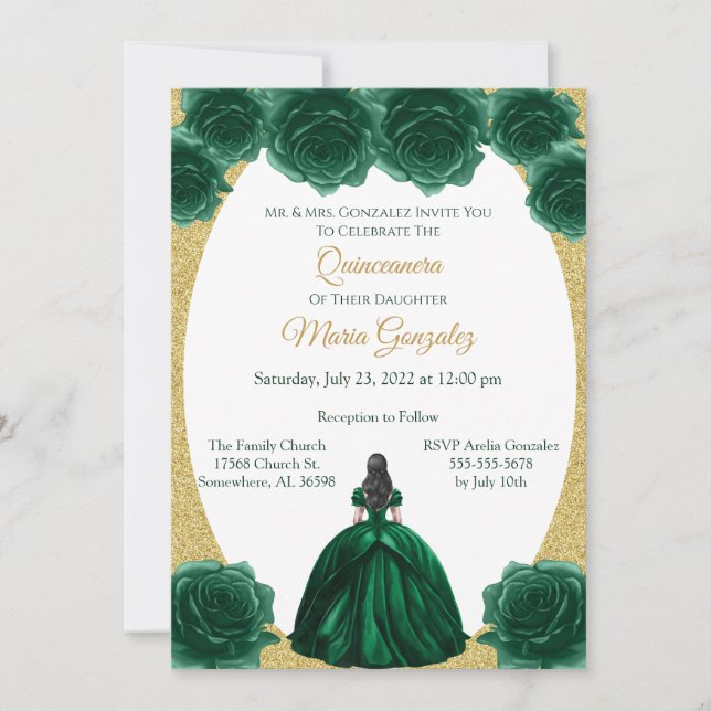 Convites Emerald Green e Dourada Quinceanera Floral (Frente)