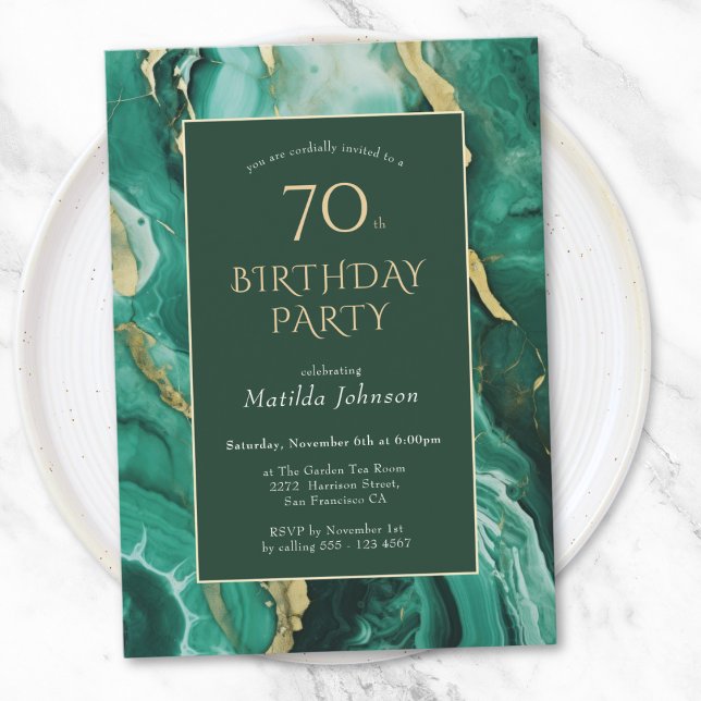 Convites Emerald Green e Dourado Agate 70 Birthday (Emerald Green and Gold Agate 70th Birthday Invitation)