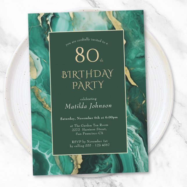 Convites Emerald Green e Dourado Agate 80 Birthday (Emerald Green and Gold Agate 80th Birthday Invitation)