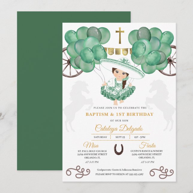 Convites Emerald Green e Dourado Bebê Charra Batismo mexica (Frente/Verso)