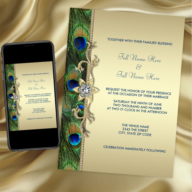 Convites Emerald Green e Dourado Casamento Peacock (Peacock wedding invitation. Available for instant download and printed. Gold peacock wedding invite)