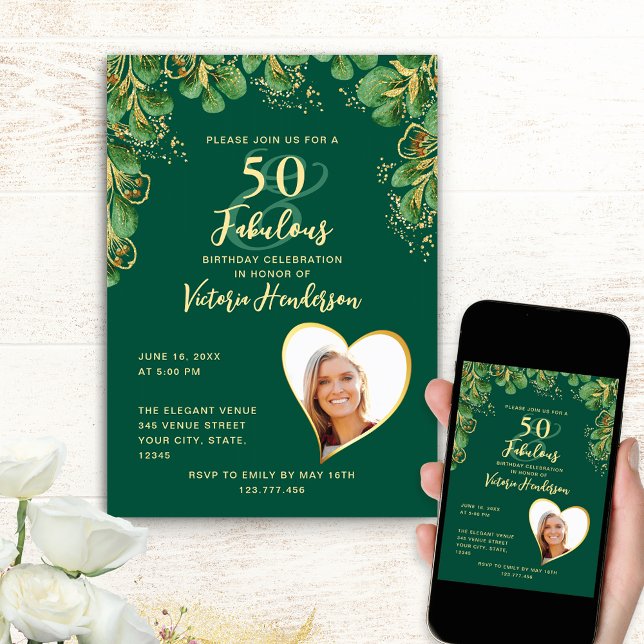 Convites Emerald Green e Dourado Eucalyptus 50º aniversário (Custom Birthday Invitation with Emerald Green Design)
