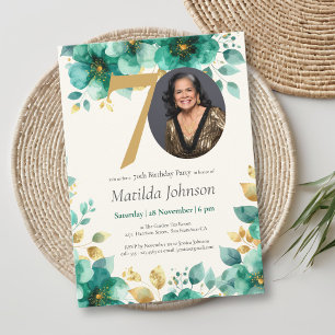 Convites Emerald Green e Dourado Floral 70 Birthday