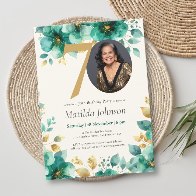 Convites Emerald Green e Dourado Floral 70 Birthday (Emerald Green and Gold Floral 70th Birthday Invitation)