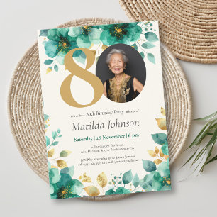 Convites Emerald Green e Dourado Floral 80 Birthday