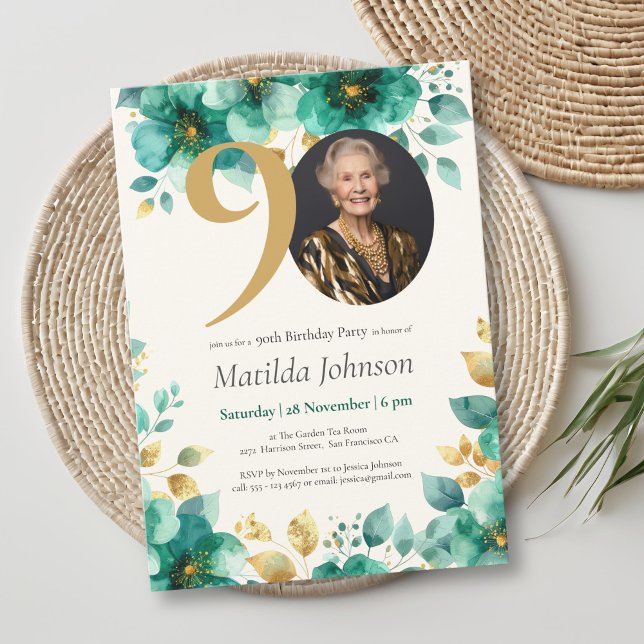 Convites Emerald Green e Dourado Floral 90 Birthday (Emerald Green and Gold Floral 90th Birthday Invitation)