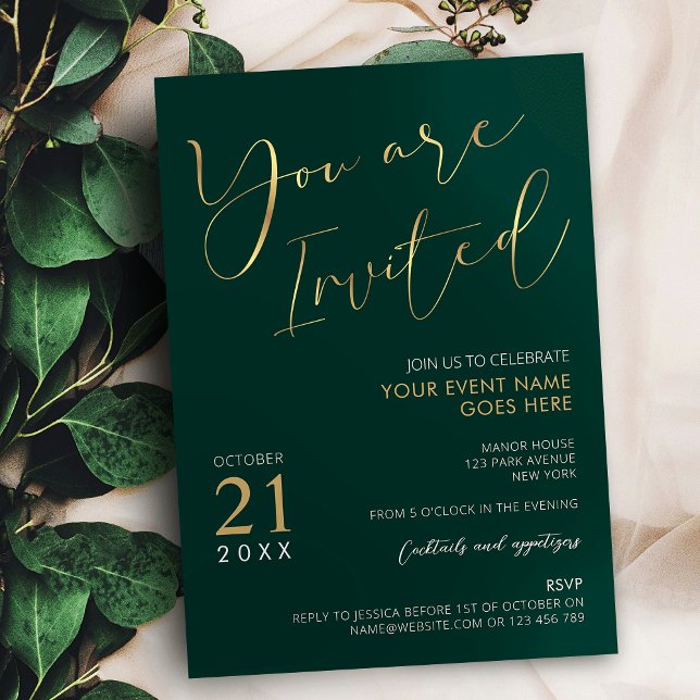 Convites Emerald Green e Elegante Elegante Elegante Elegant (Elegant emerald green and gold effects You Are Invited event invitations)