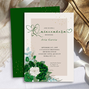 Convites Emerald Green e Ivory Rosas Elegante Quinceanera