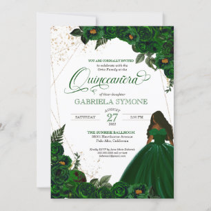 Convites Emerald Green Elegant Rosas e Gown 2 Quinceanera