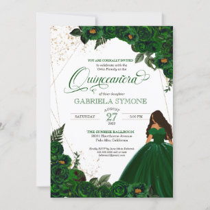 Convites Emerald Green Elegant Rosas e Gown 2 Quinceanera