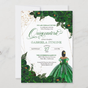 Convites Emerald Green Elegant Rosas e Gown Quinceanera
