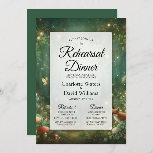 Convites Emerald Green Enchanted Forest Rehearsal Dinner (Frente/Verso)