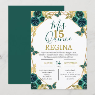 Convites Emerald Green Floral Butterflies Quinceañera