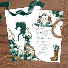 Convites Emerald Green Floral Crest Charro Quinceanera