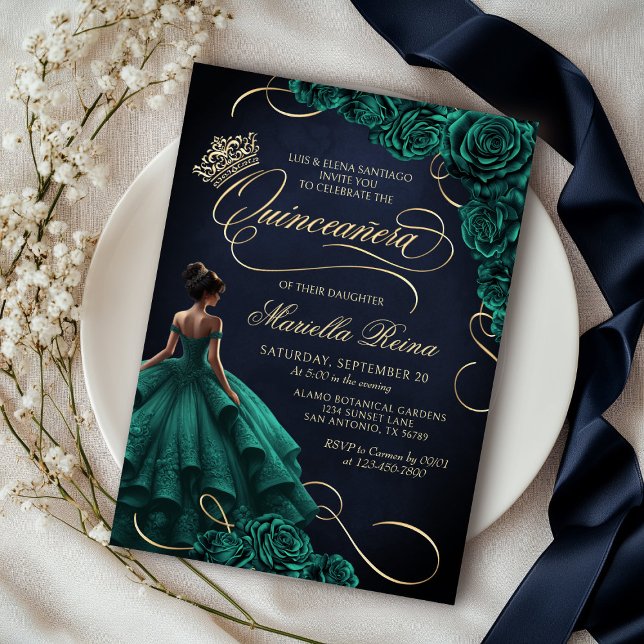 Convites Emerald Green Floral Dress Quinceañera (Criador carregado)