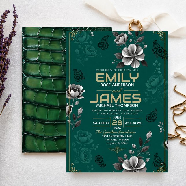 Convites Emerald Green Floral Elegant Sage Gold Botanical (Criador carregado)
