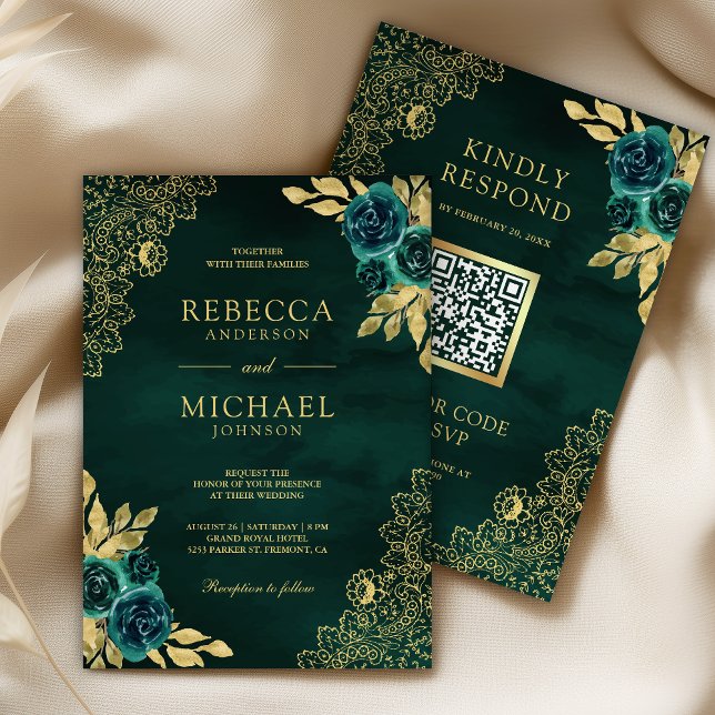 Convites Emerald Green Floral Gold Lace QR Code Wedding (Criador carregado)