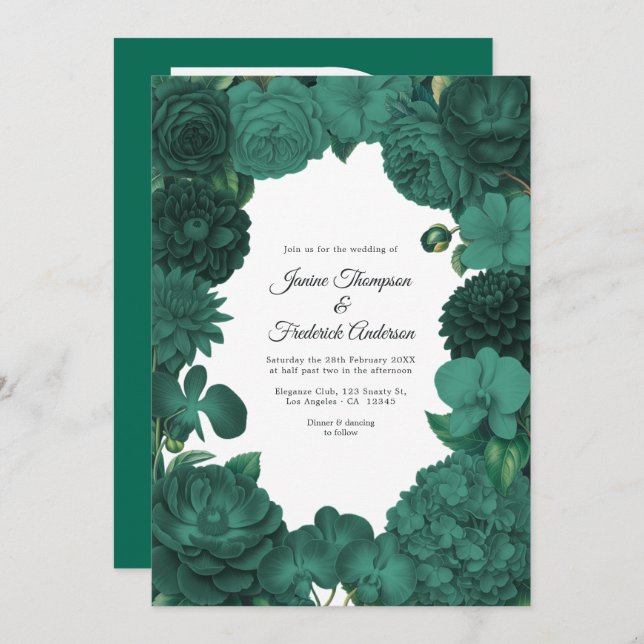 Convites Emerald Green Floral Photo and QR Code Wedding (Frente/Verso)