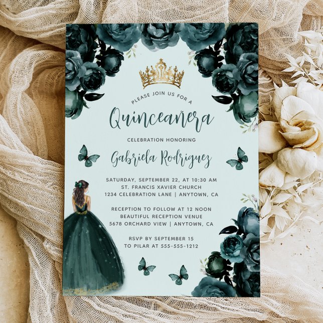 Convites Emerald Green Floral Princess Quinceañera (Criador carregado)