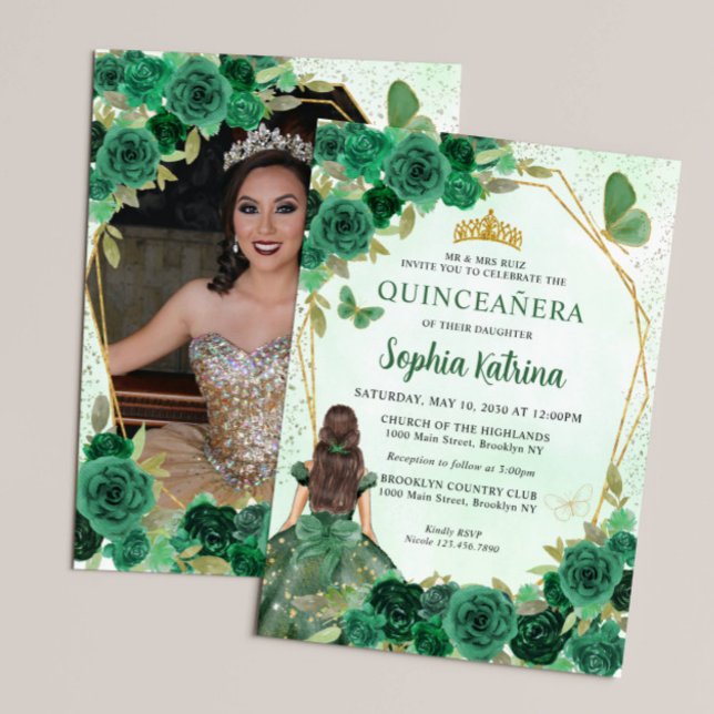 Convites Emerald Green Floral Princess Quinceañera Photo (Criador carregado)