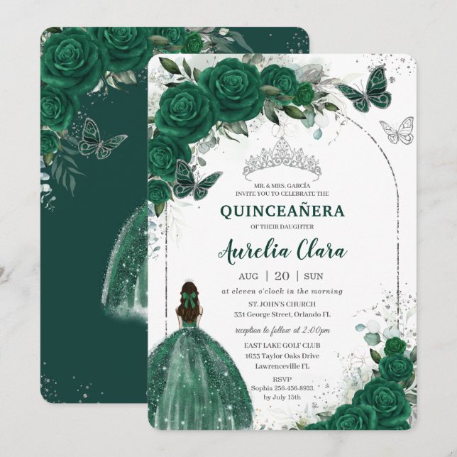 Convites Emerald Green Floral Princess Silver Quinceañera (Frente/Verso)