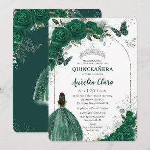 Convites Emerald Green Floral Princess Silver Quinceañera