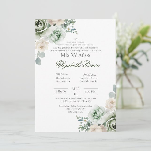 Convites Emerald green floral Quinceañera (Em pé/Frente)