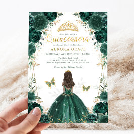 Convites Emerald Green Floral Quinceañera Crown Princess