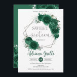 Convites Emerald Green Floral Silver Doce Dezesseis Anivers<br><div class="desc">Personalize este bonito convite de 16 anos do eserald green floral Sweet, fácil e rapidamente. Apresentando uma garota vestida com um belo vestido verde esmeralda, flores verdes esmeraldas e borboletas. Basta clicar no botão Editar usando ferramentas de Design para editar o texto, o texto, o estilo da fonte, o tamanho...</div>