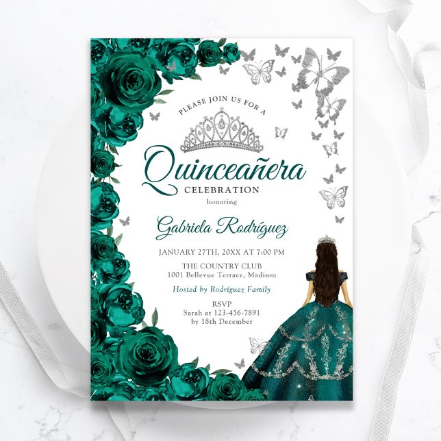 Convites Emerald Green Floral Silver White Quinceanera (Criador carregado)