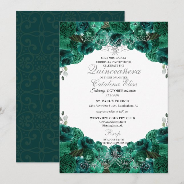 Convites Emerald Green Floral Sweet 15 Quinceanera (Frente/Verso)