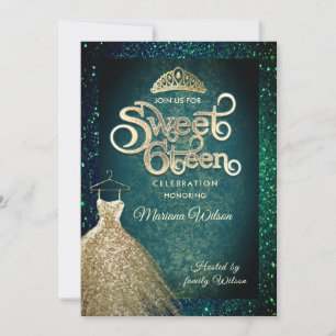 Convites Emerald Green Glitter Dourado vestido tiara Sweet 