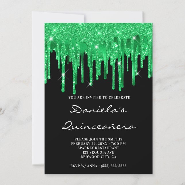 Convites Emerald Green Glitter Foil Coloca Quinceañera Negr (Frente)