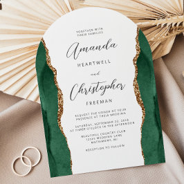 Convites Emerald Green Gold Agate Script Arch Wedding