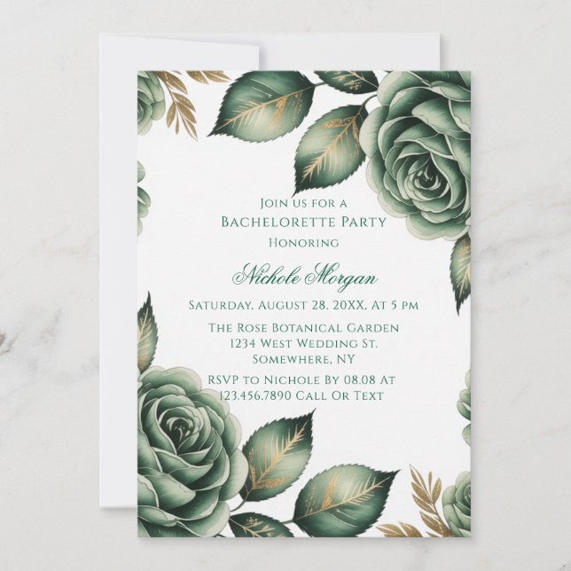 Convites Emerald Green & Gold Floral Bachelorette Party (Frente)