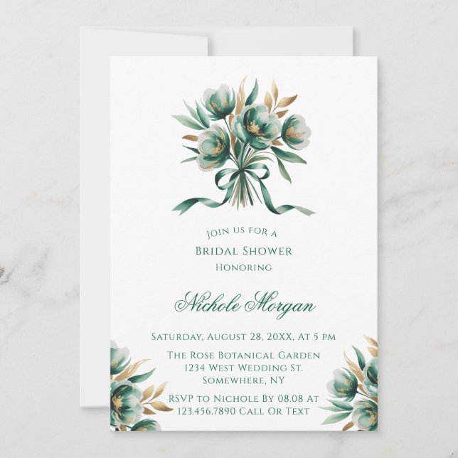 Convites Emerald Green & Gold Floral Bridal Shower (Frente)