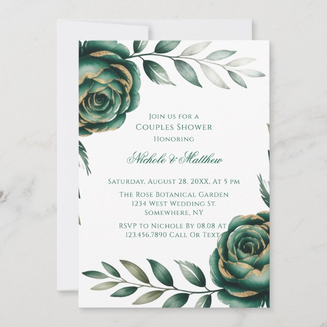 Convites Emerald Green & Gold Floral Couples Shower (Frente)