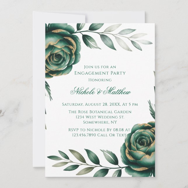 Convites Emerald Green & Gold Floral Engagement Party (Frente)