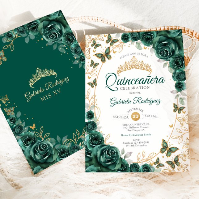 Convites Emerald Green Gold Floral Quinceanera (Criador carregado)