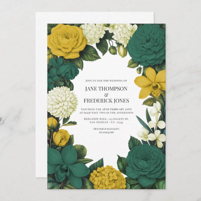 Convites Emerald Green, Gold & Ivory Floral Wedding (Frente/Verso)