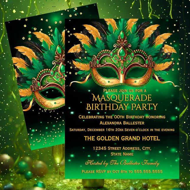 Convites Emerald Green Gold Masks Masquerade Birthday Party (Criador carregado)