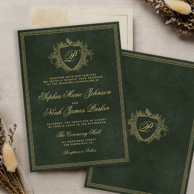 Convites Emerald green gold monogram wedding (Criador carregado)